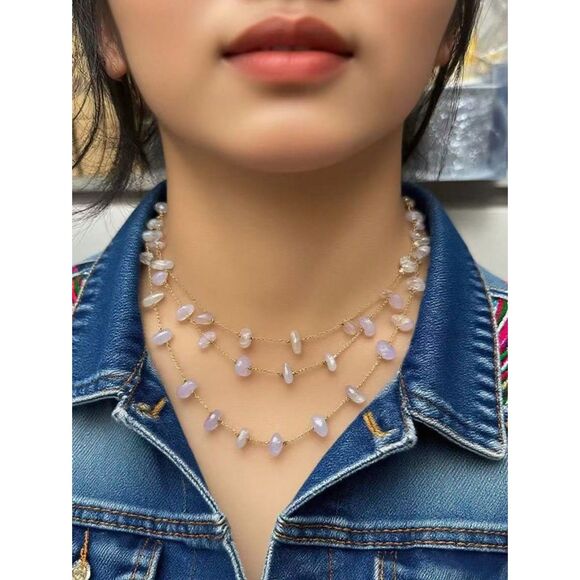Triple Layer Asymmentrical Opal Gemstone Necklace Gold Crystal Choker Collar - Picture 1 of 3